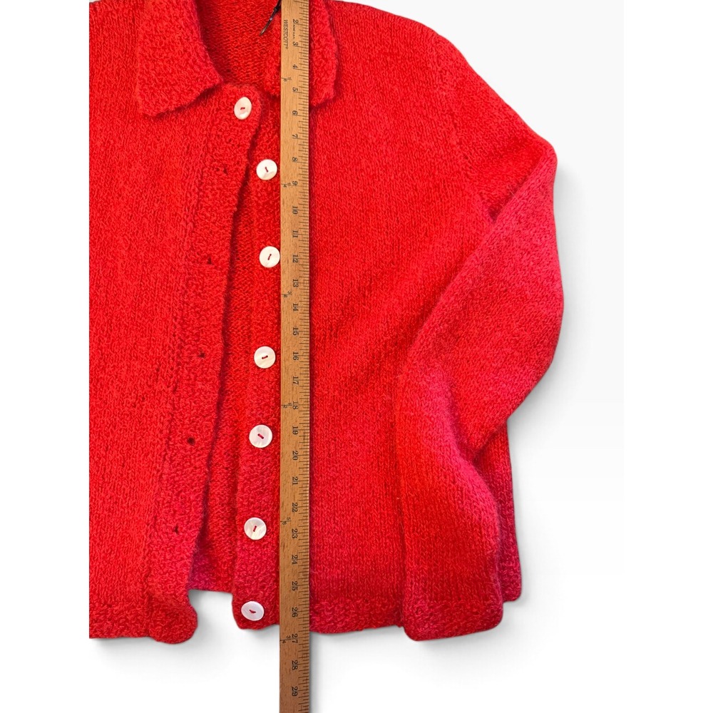 Handmade Red Knit Button Front Cardigan Sweater with Collar Women Medium - Picture 3 of 4
